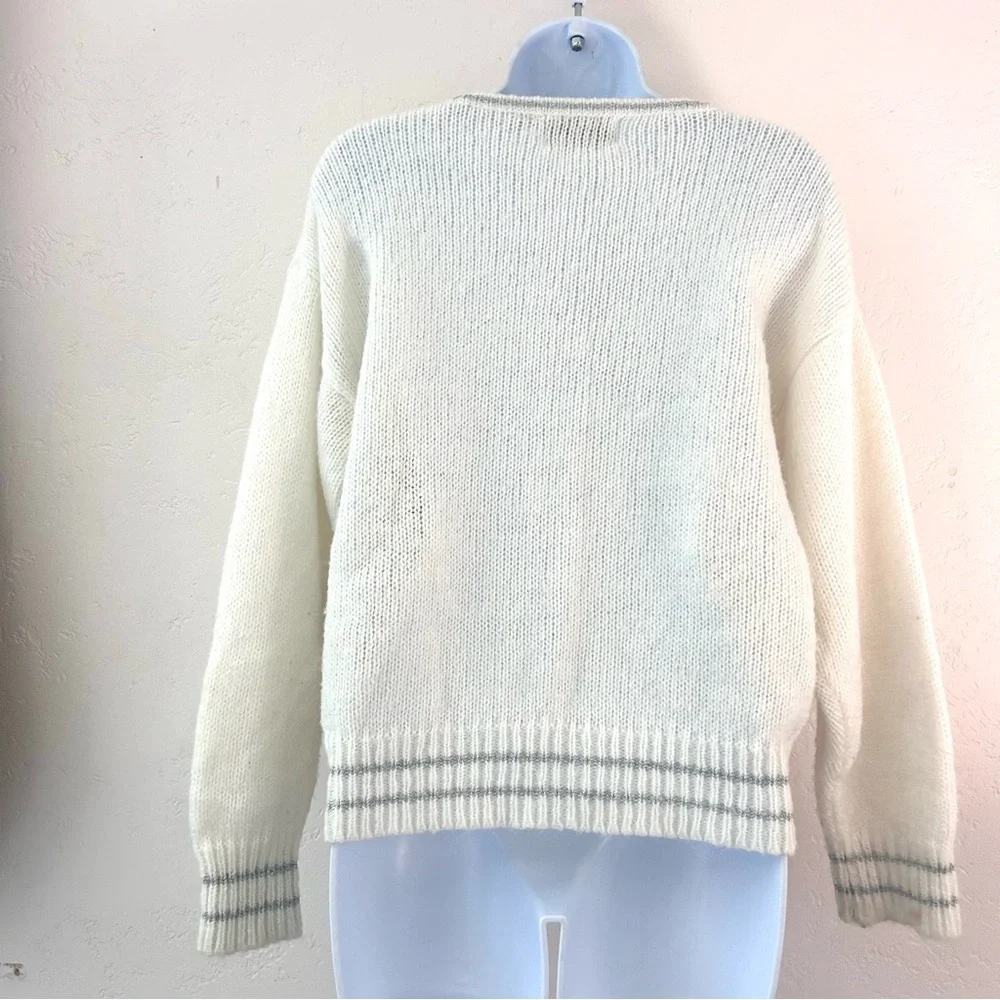 Vintage 80s Women's Cream Open Knit Sweater L Pearl Applique Embellishment